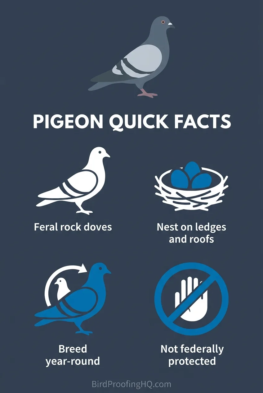 Pigeon quick facts: feral rock doves that nest on ledges and roofs, breed year-round, and are not federally protected