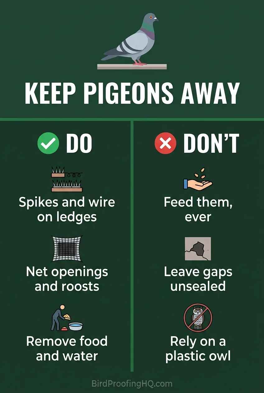 Keep pigeons away: do put spikes and wire on ledges, net openings and roosts, and remove food and water; don't feed them, leave gaps unsealed, or rely on a plastic owl