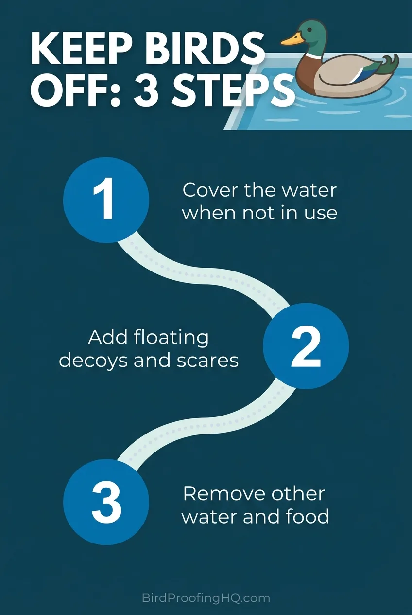 Keep birds off the pool in three steps: cover the water when not in use, add floating decoys and scares, and remove other water and food