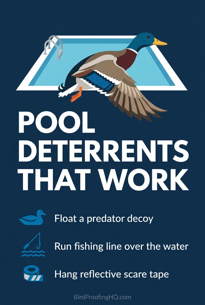 Pool deterrents that work: float a predator decoy, run fishing line over the water, and hang reflective scare tape