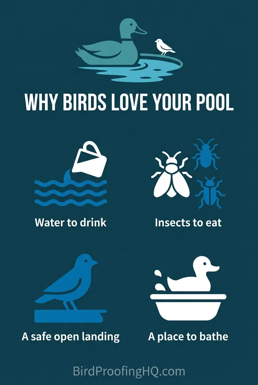 Why birds love your pool: water to drink, insects to eat, a safe open landing, and a place to bathe