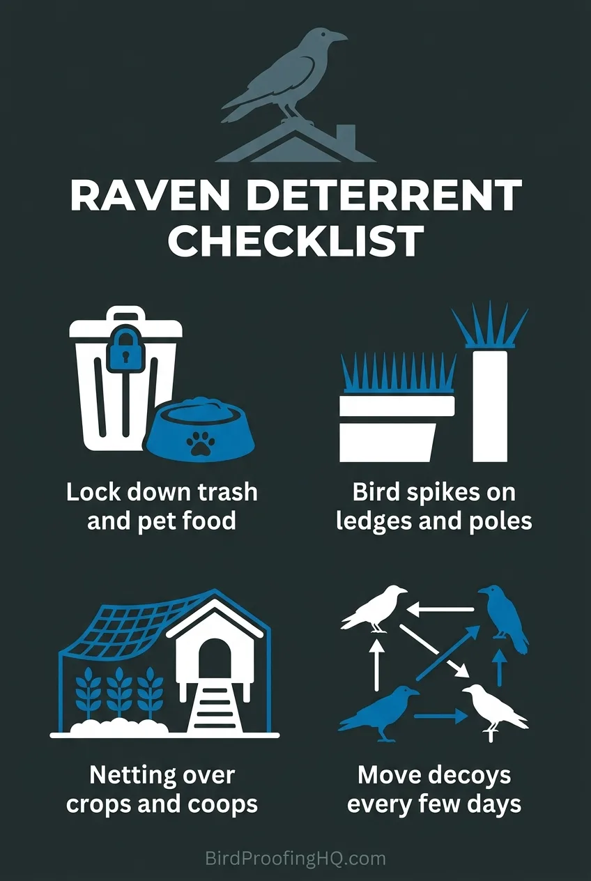 Raven deterrent checklist: lock down trash and pet food, bird spikes on ledges and poles, netting over crops and coops, move decoys every few days