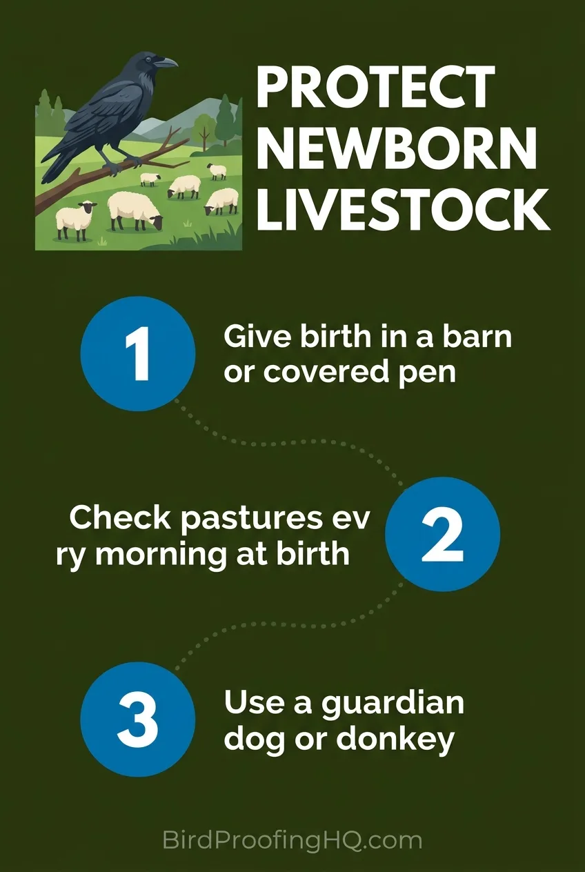 Steps to protect newborn livestock from ravens: give birth in a barn or covered pen, check pastures every morning at birth, use a guardian dog or donkey