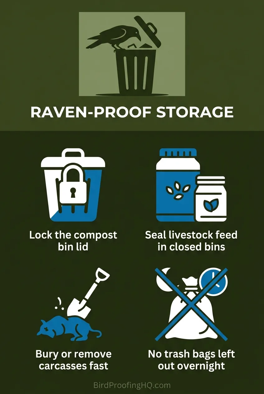 Raven-proof storage checklist: lock the compost bin lid, seal livestock feed in closed bins, bury or remove carcasses fast, no trash bags left out overnight
