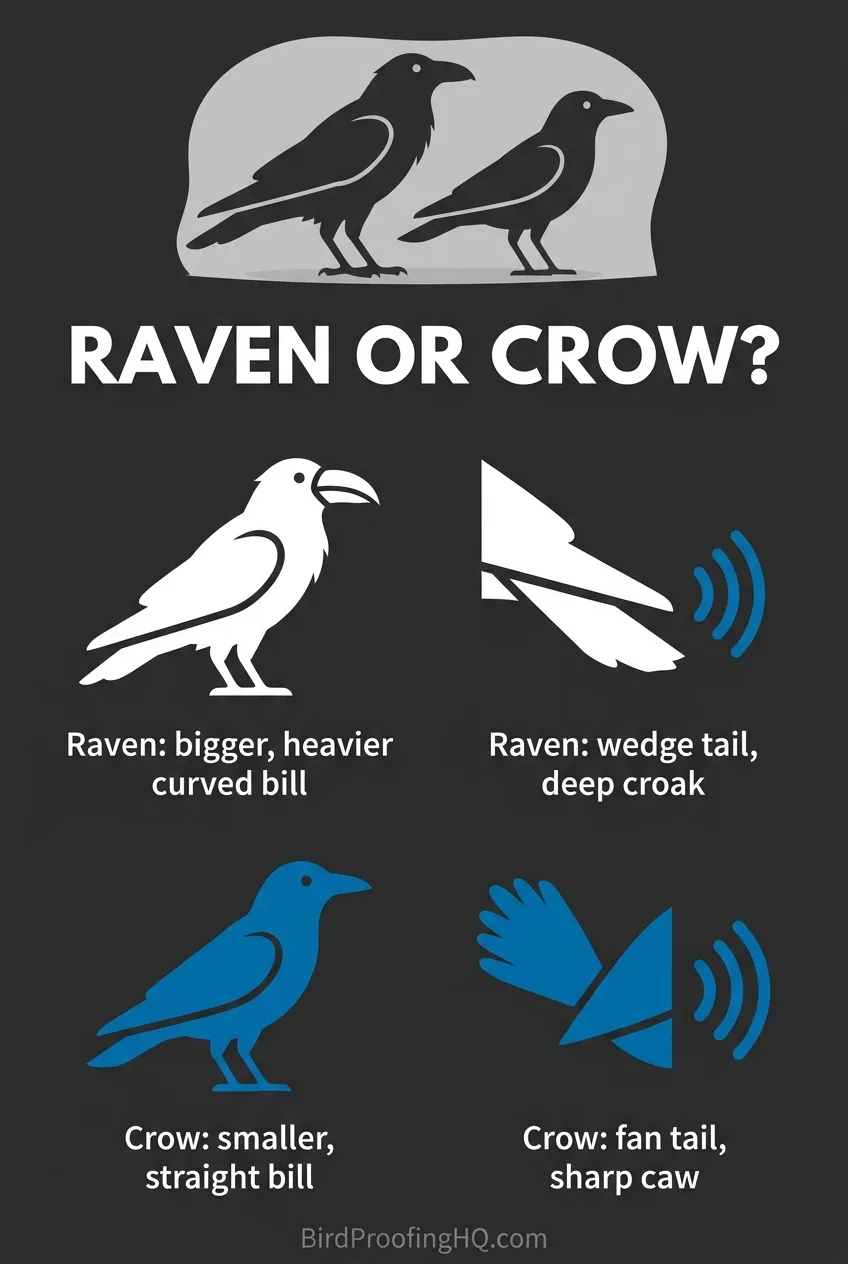 Raven or crow comparison: raven is bigger with a heavier curved bill, wedge tail, and deep croak, crow is smaller with a straight bill, fan tail, and sharp caw