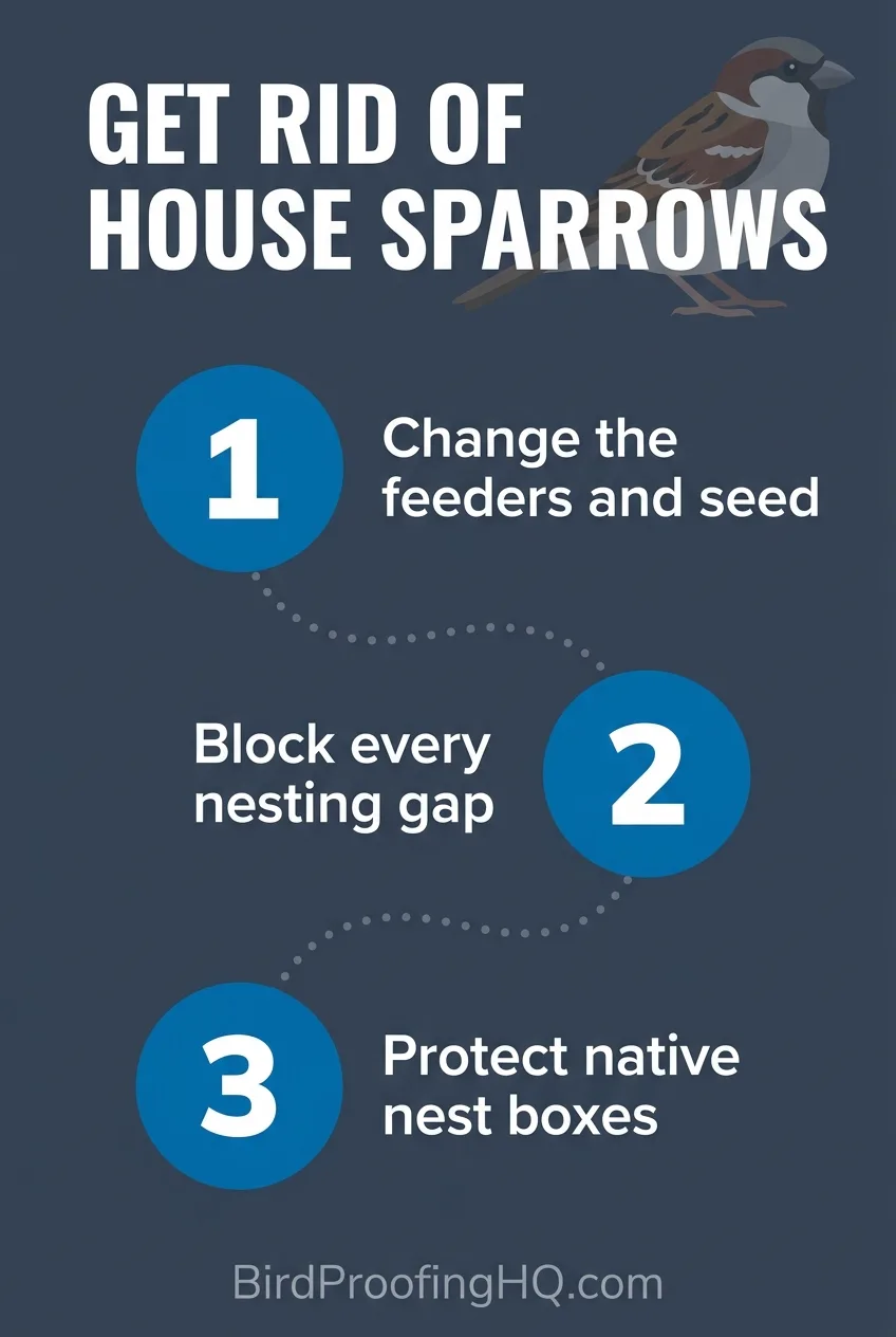Get rid of house sparrows in three moves: change the feeders and seed, block every nesting gap, and protect native nest boxes