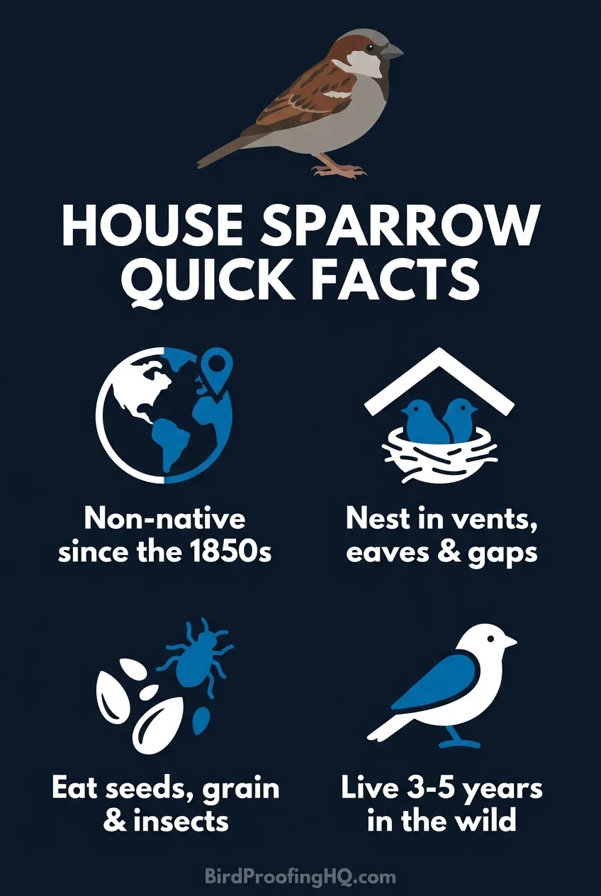 House sparrow quick facts: non-native since the 1850s, nest in vents and eaves, eat seeds and grain, live 3-5 years