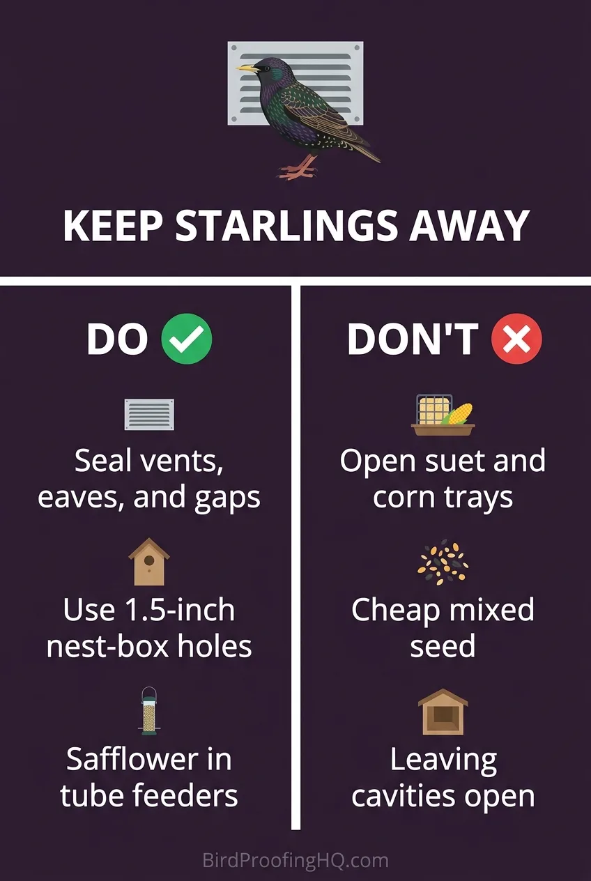Keep starlings away: do seal vents, eaves, and gaps, use 1.5-inch nest-box holes, and offer safflower in tube feeders; don't use open suet and corn trays, cheap mixed seed, or leave cavities open