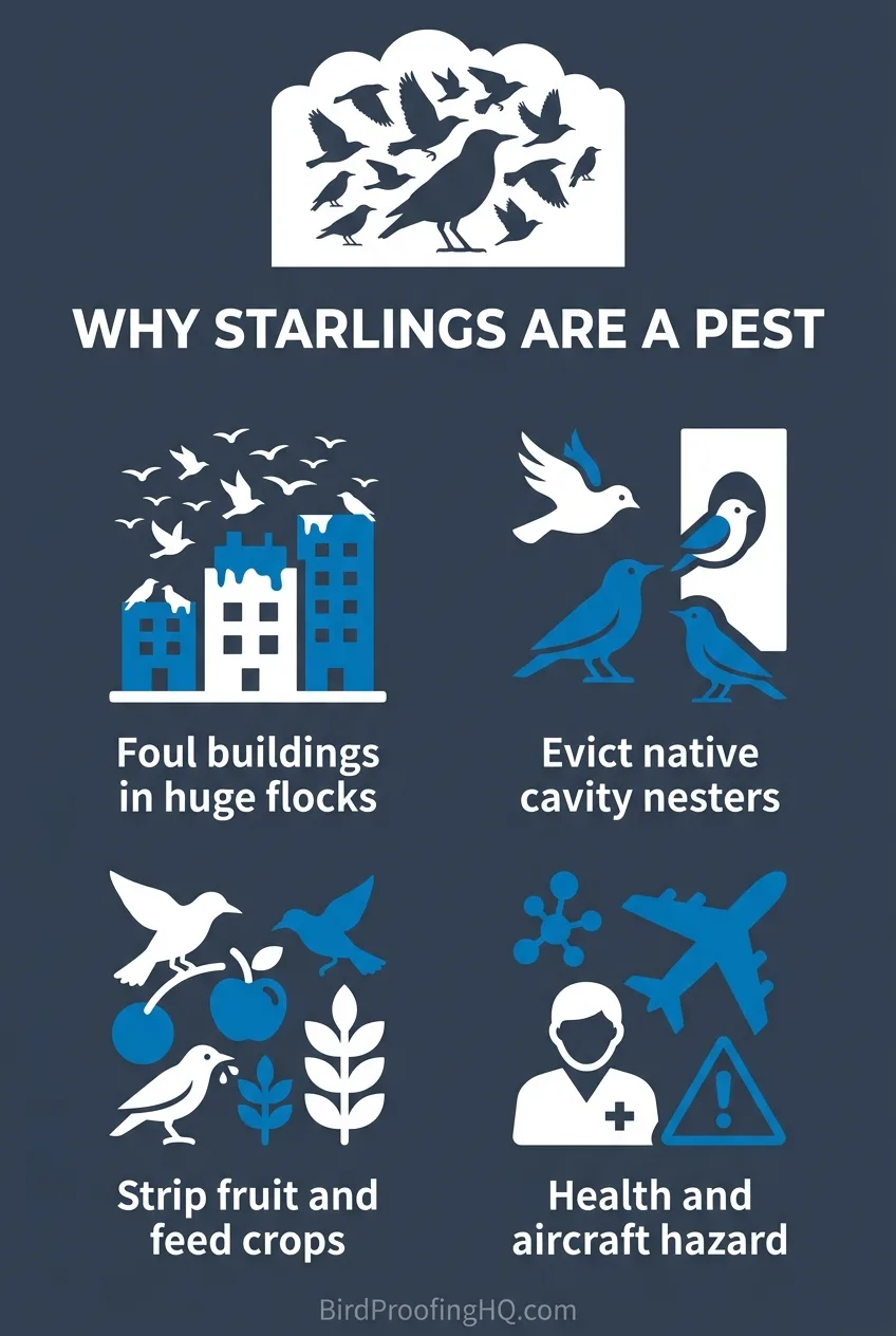 Why starlings are a pest: they foul buildings in huge flocks, evict native cavity nesters, strip fruit and feed crops, and pose a health and aircraft hazard