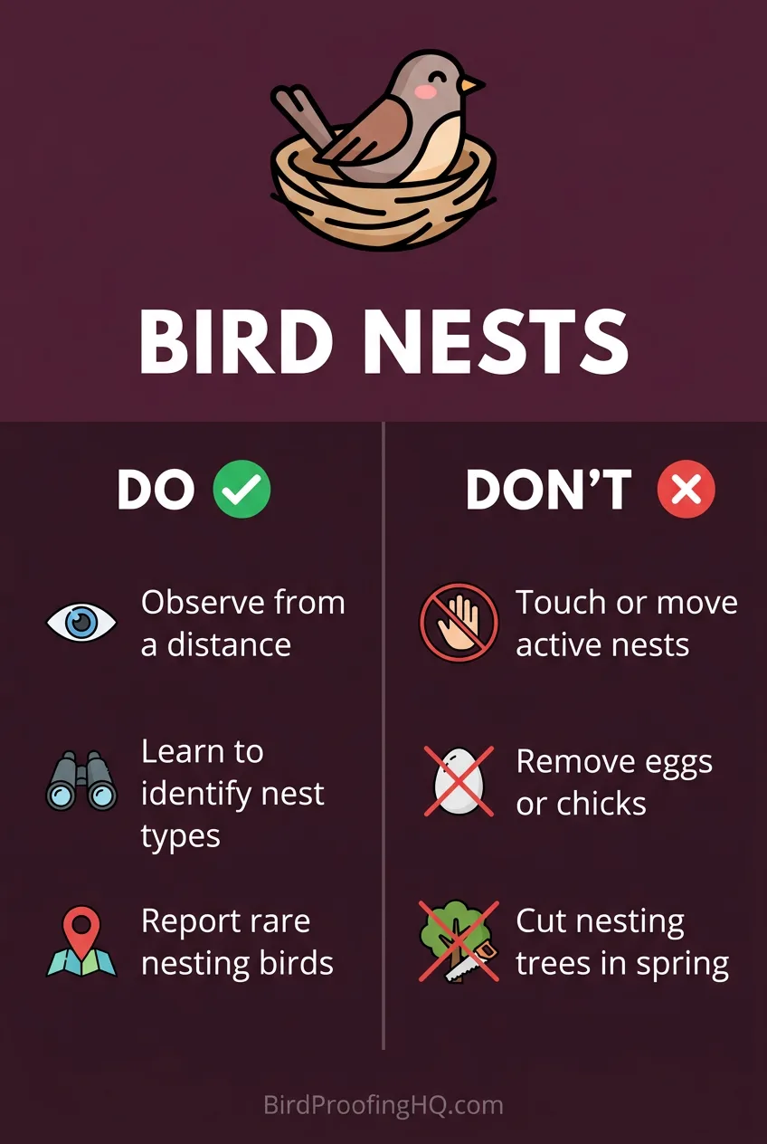 Bird nest dos and don'ts: observe from a distance, learn the types, and report rare birds; never touch active nests, remove eggs, or cut nesting trees in spring