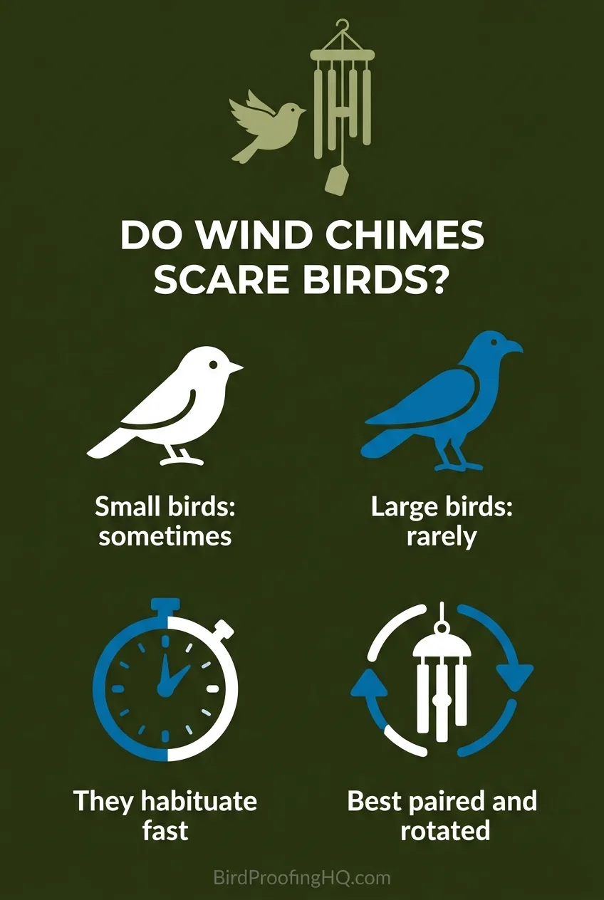 Do wind chimes scare birds: small birds sometimes, large birds rarely, they habituate fast, best paired and rotated