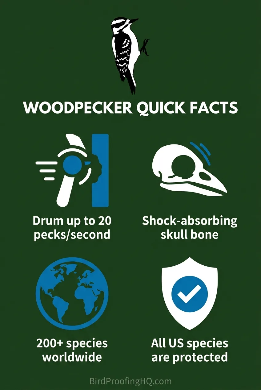 Woodpecker quick facts: 20 pecks per second, shock-absorbing skull, 200 plus species, all US species are protected