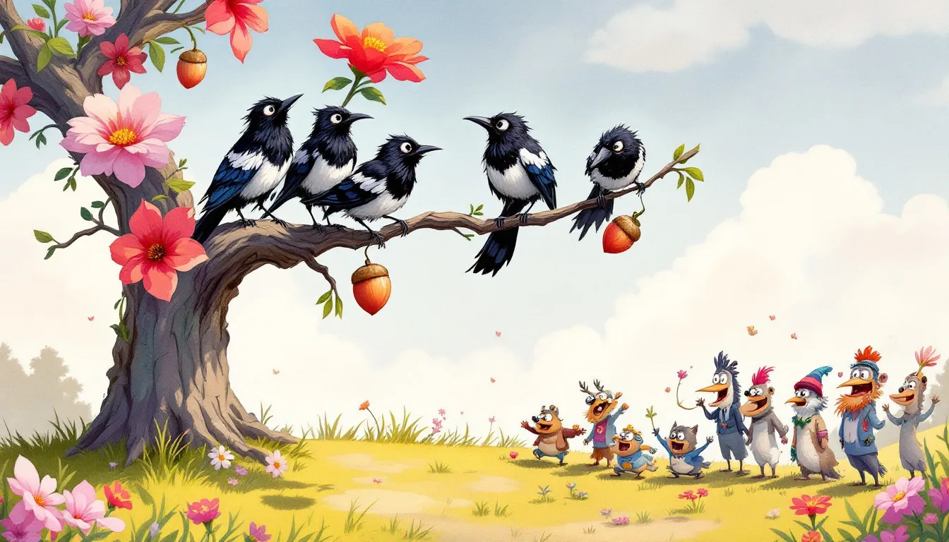 A group of magpies perched on a tree branch, showcasing their distinctive black and white plumage.