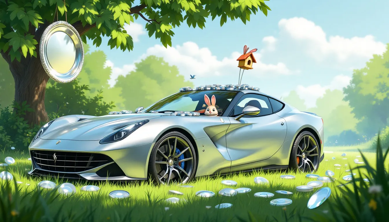 Reflective objects placed around a car to deter birds from nesting