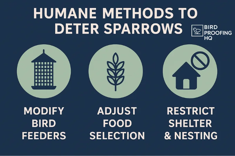 Infographic showing three humane methods to deter sparrows: modify bird feeders, adjust food selection, and restrict nesting shelter