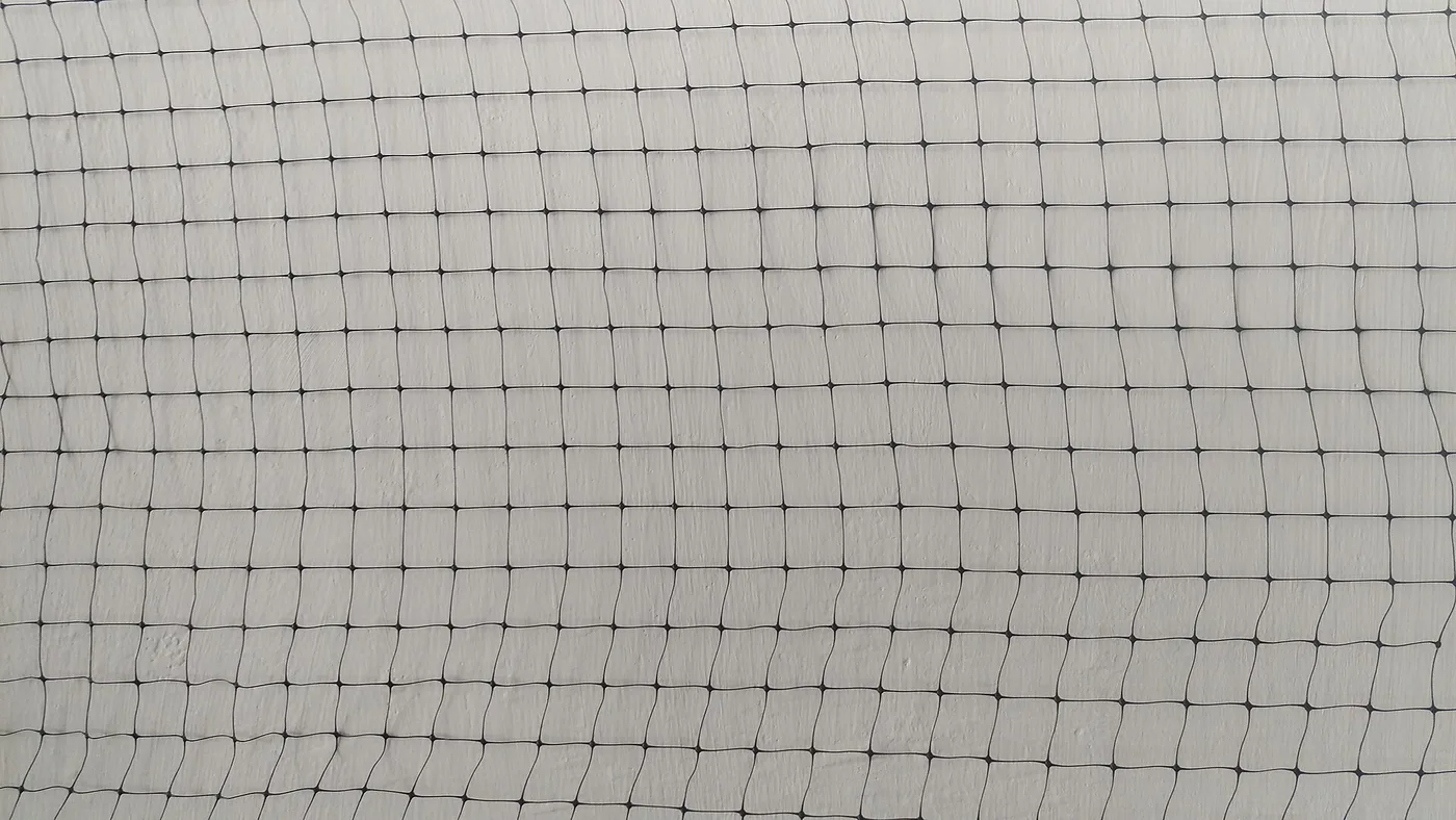 Close-up of bird netting mesh showing the square grid pattern of an anti-bird netting installation